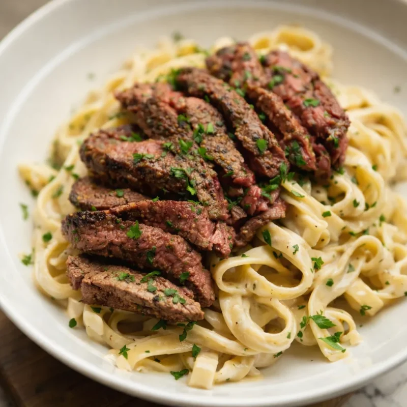 Creamy steak pasta served with fresh herbs and parmesan in a white bowl
