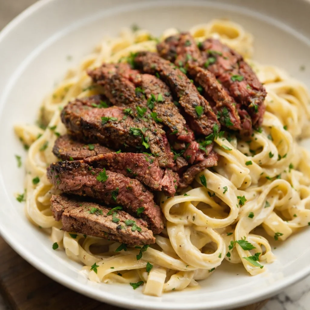 Creamy steak pasta served with fresh herbs and parmesan in a white bowl