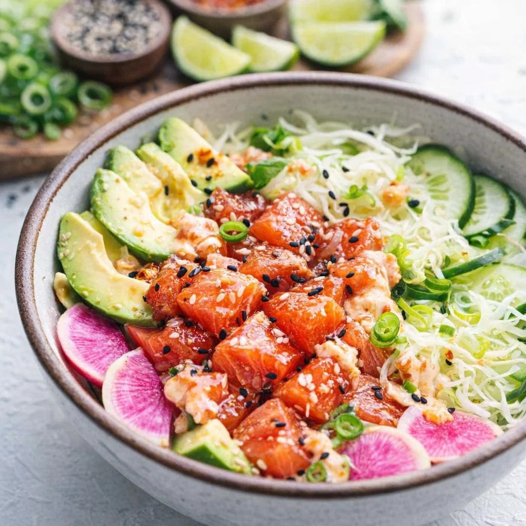 Salmon poke bowl with marinated salmon cubes, avocado, cucumber, cabbage and radish, made with this salmon poke bowl recipe