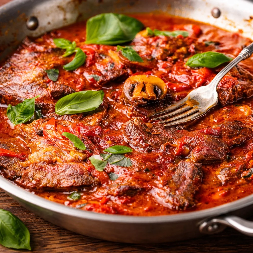 Delicious steak a pizzaiola served with garlicky tomato sauce and fresh herbs.