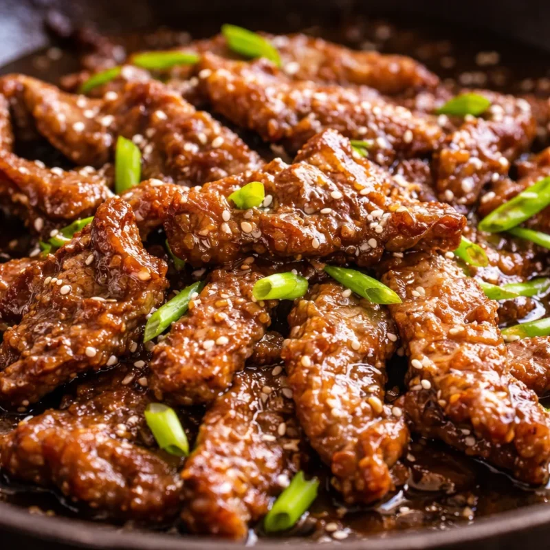 Thin sliced top round steak strips in a glossy sauce with sesame seeds and green onions