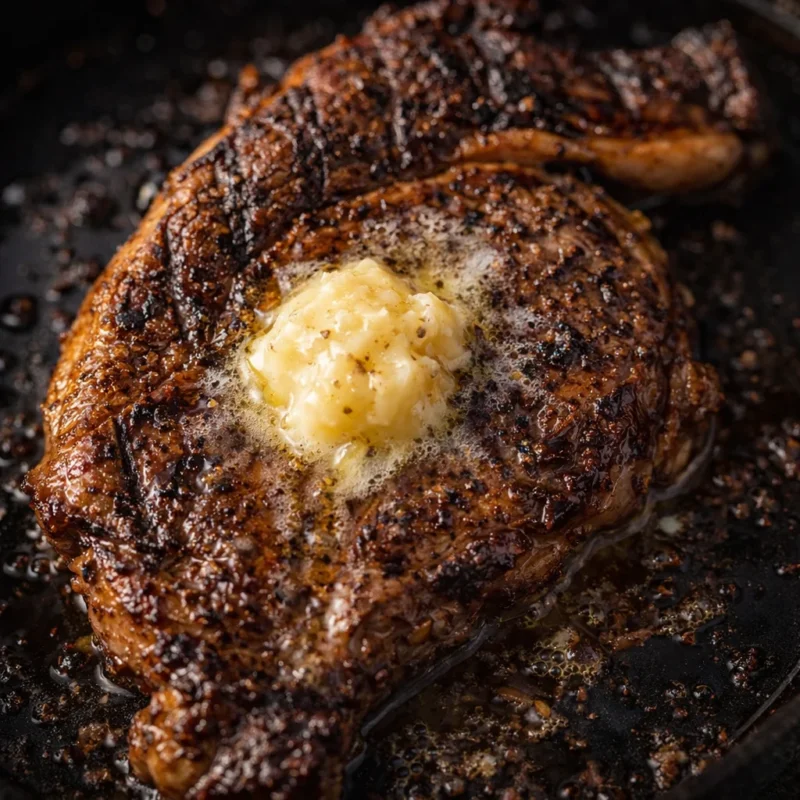 Grilled reverse seared ribeye steak on a Traeger grill with garlic butter