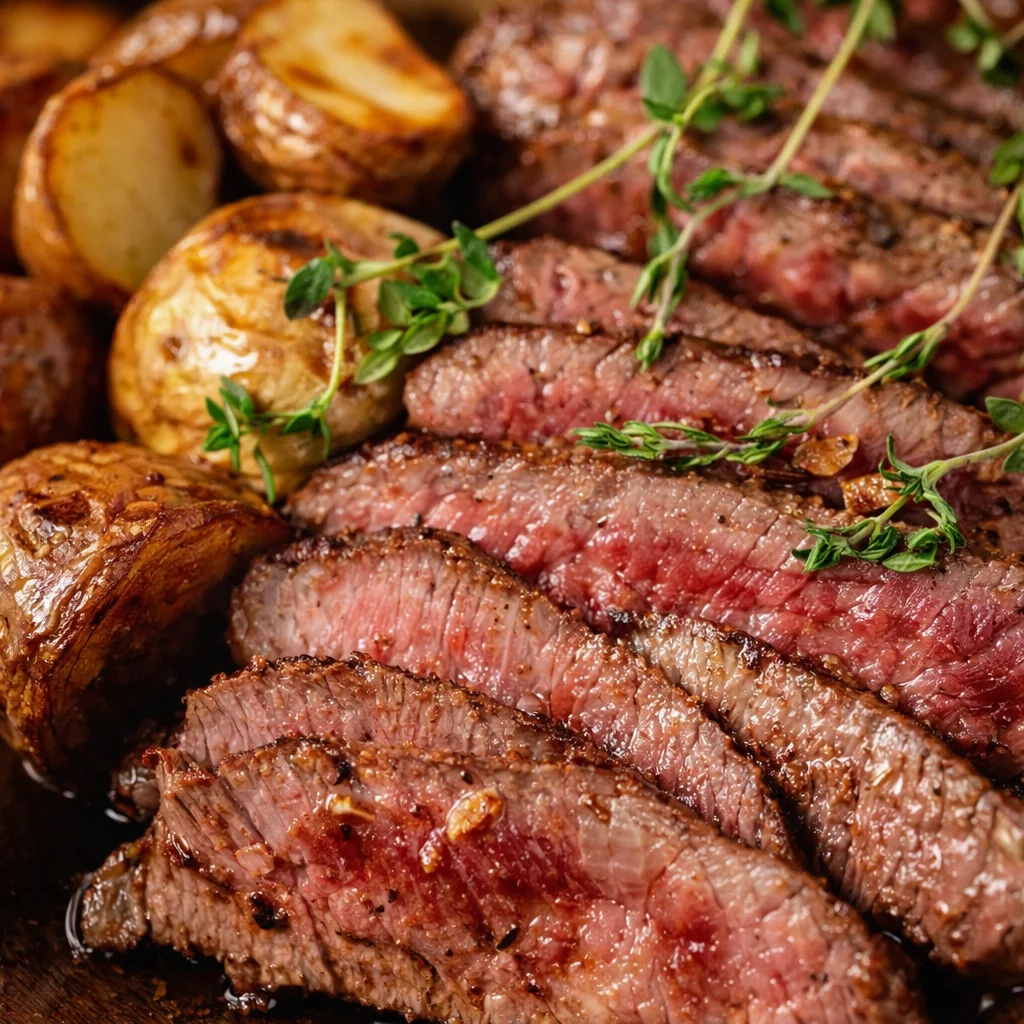 Garlic butter top round steak recipe served with delicious sides.