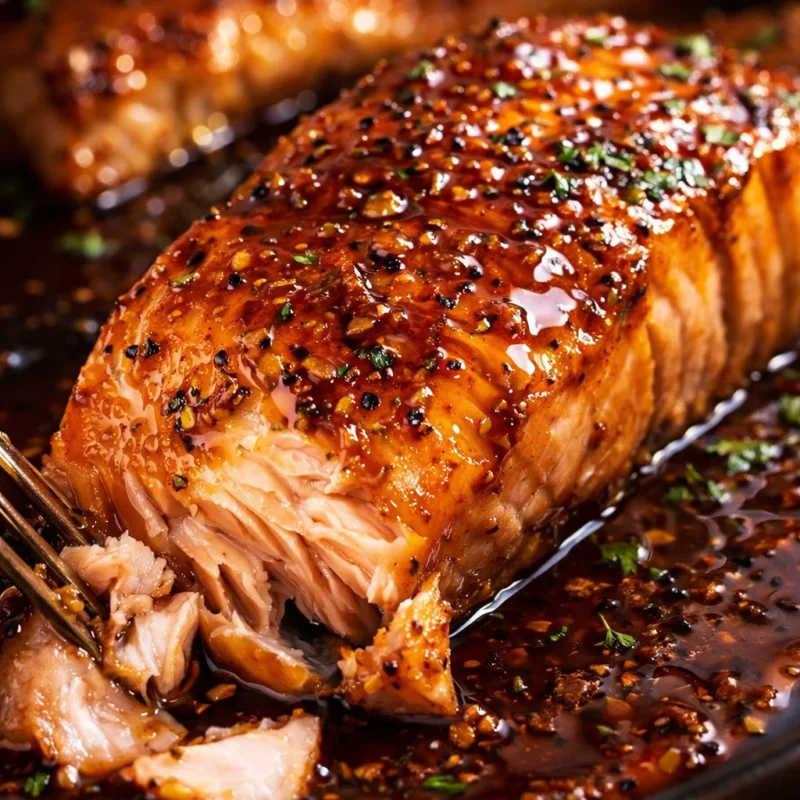 Delicious plate of honey garlic glazed salmon with vegetables.