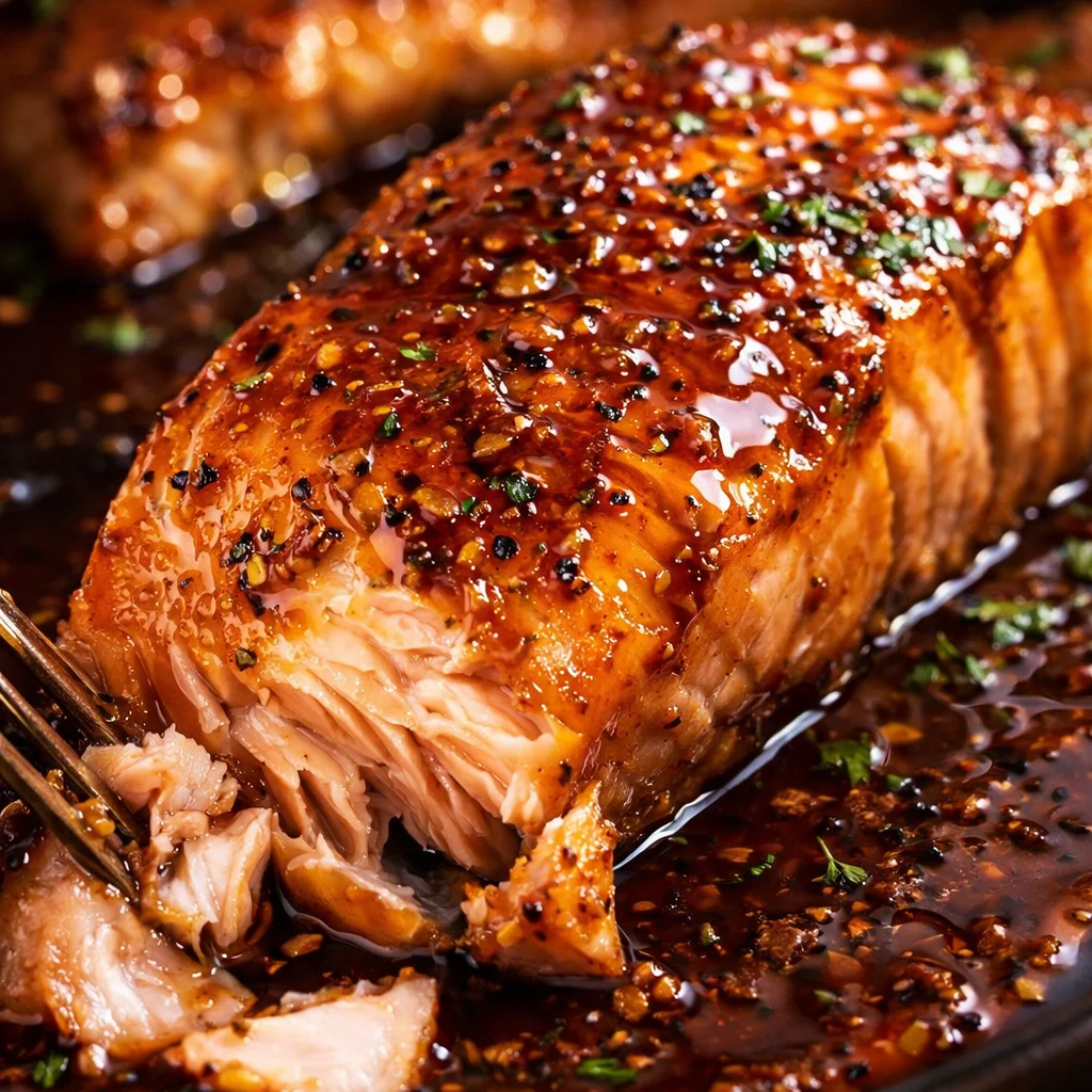 Delicious plate of honey garlic glazed salmon with vegetables.