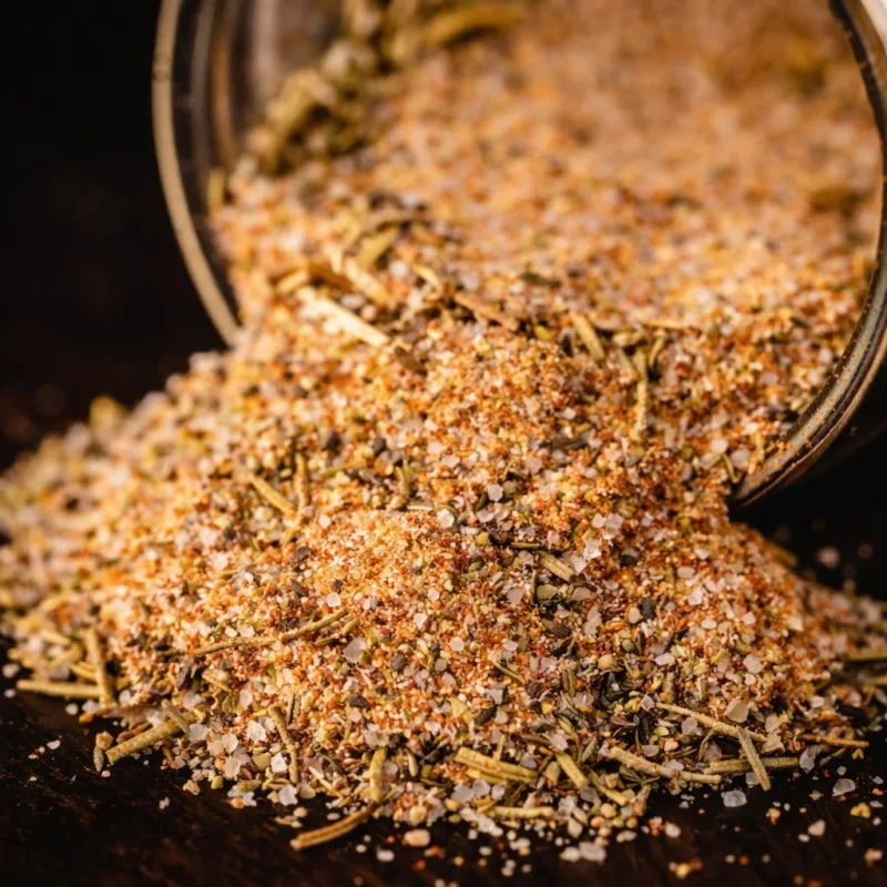 Homemade steak seasoning with herbs and spices for grilling beef.