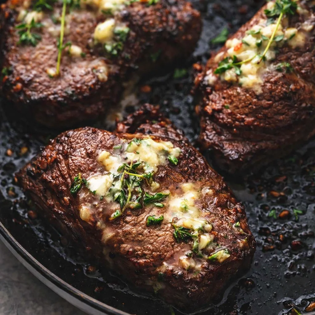 Juicy top sirloin steak cooked with garlic butter and seasonings.