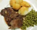 Crock pot chuck roast sliced and served with gravy, boiled potatoes and green peas