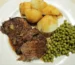 Crock pot chuck roast sliced and served with gravy, boiled potatoes and green peas