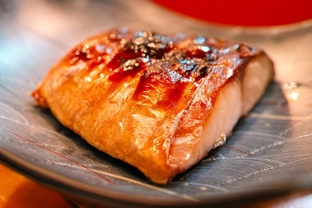Close-up of caramelized, sticky glazed salmon on a plate