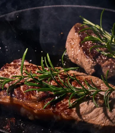 Two steaks seared in a cast-iron skillet with rosemary, the same pan method used for Denver steak