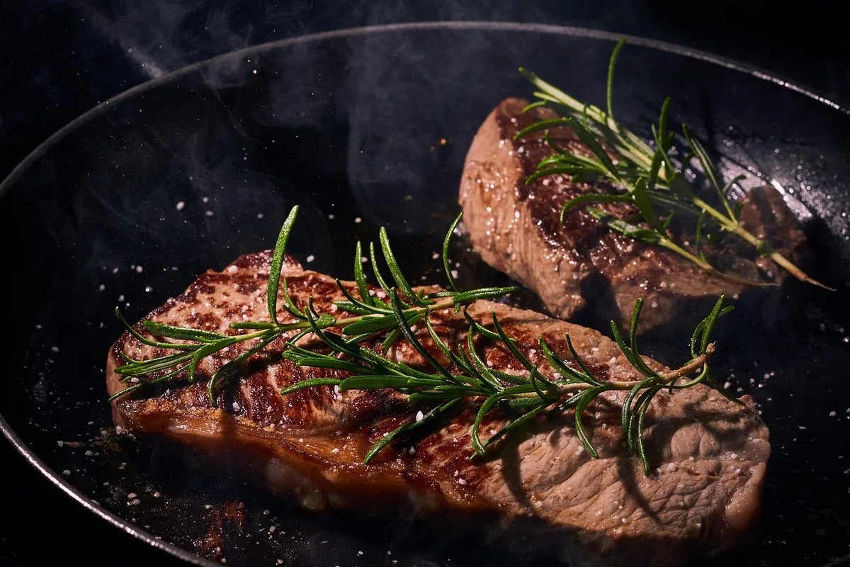 Two steaks seared in a cast-iron skillet with rosemary, the same pan method used for Denver steak