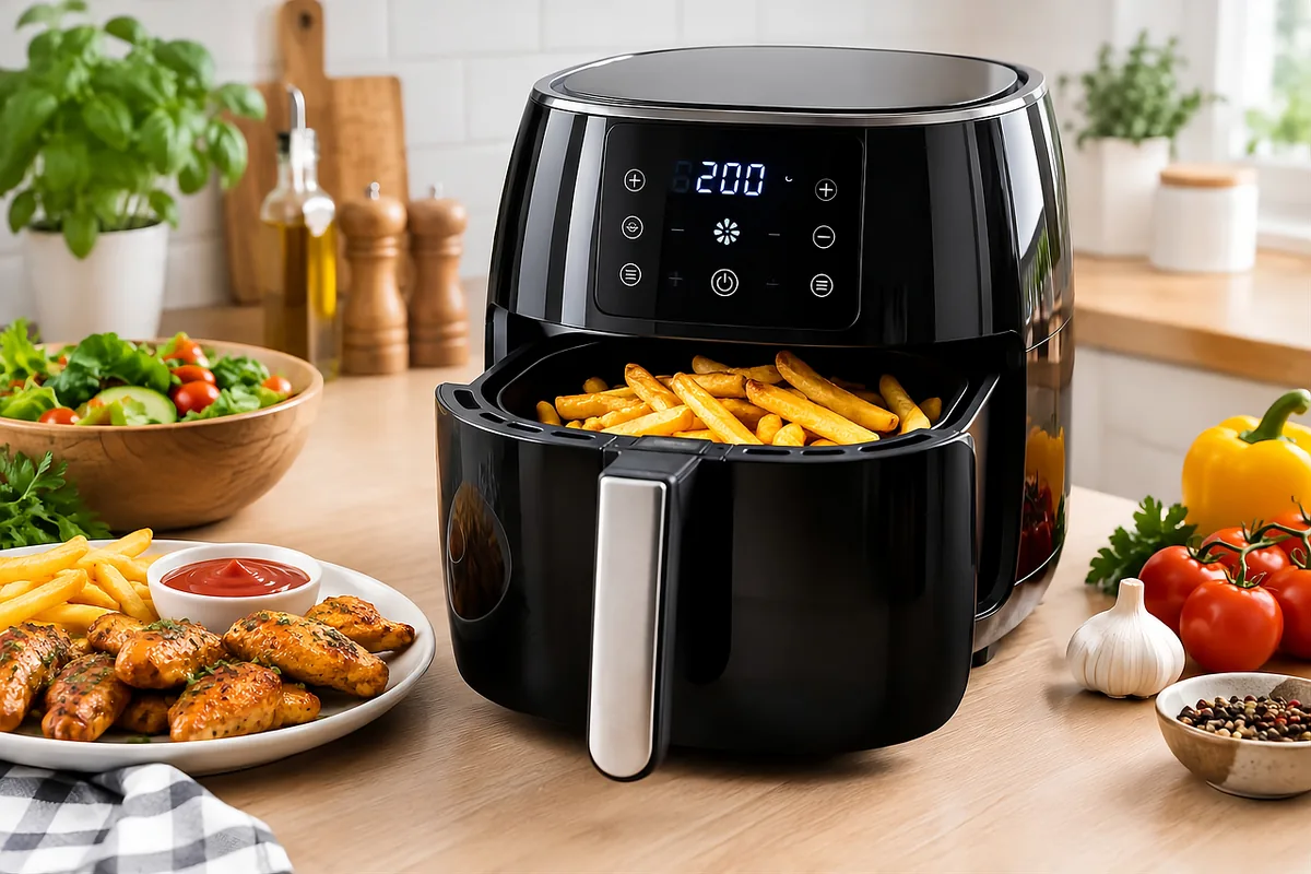 Basket-style air fryer on a kitchen counter with fries in the basket and cooked chicken pieces on a plate