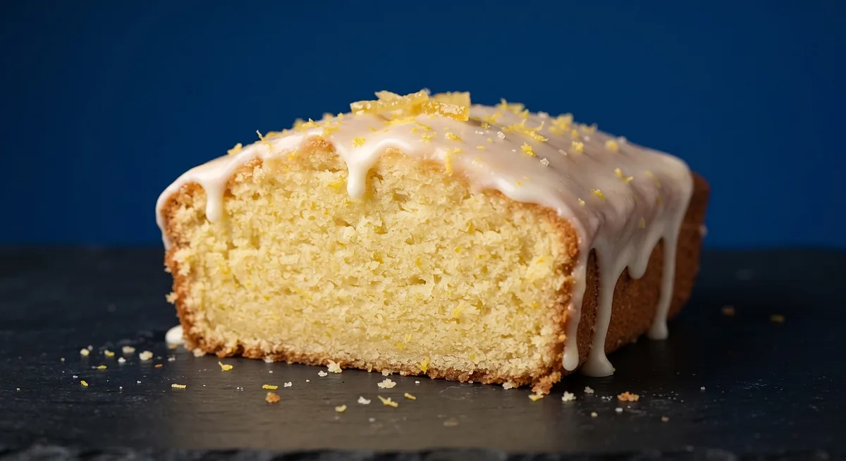 Lemon-glazed loaf cake topped with lemon zest, an easy loaf pan version of the recipe
