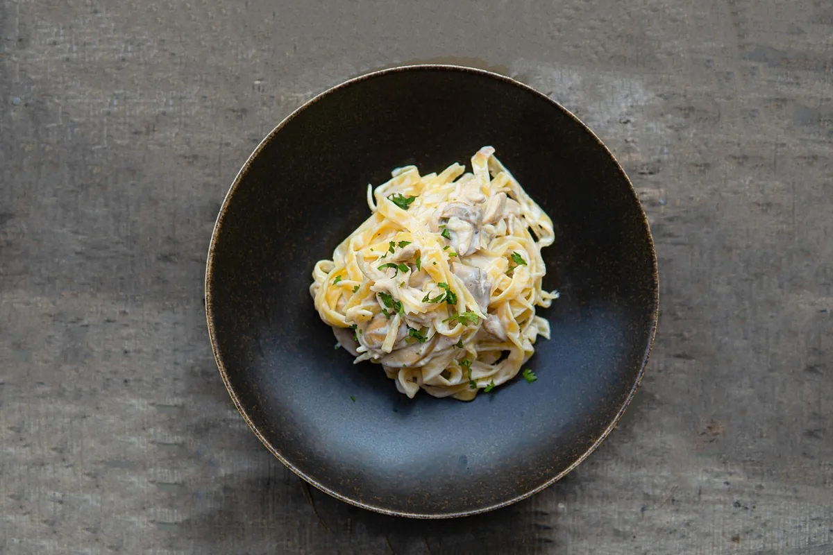 Creamy chicken and egg noodles served in a dark bowl