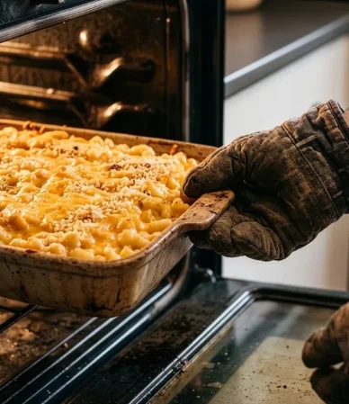 Golden, cheesy baked noodle casserole coming out of the oven, the finish to aim for with this chicken noodle casserole recipe