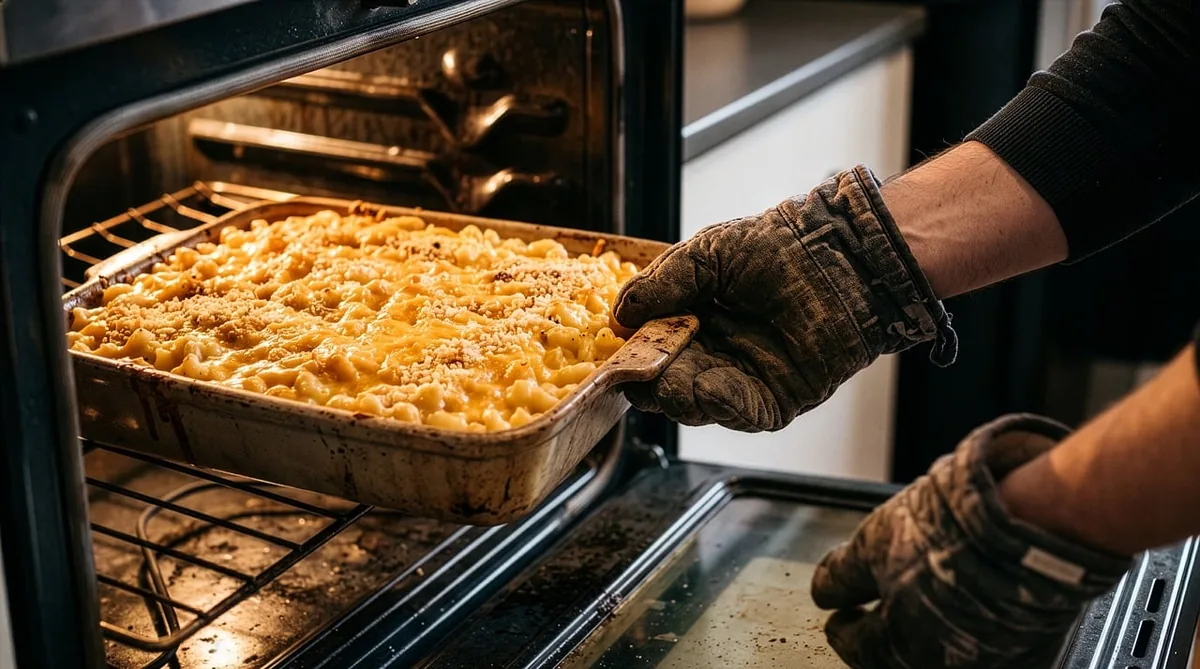 Golden, cheesy baked noodle casserole coming out of the oven, the finish to aim for with this chicken noodle casserole recipe