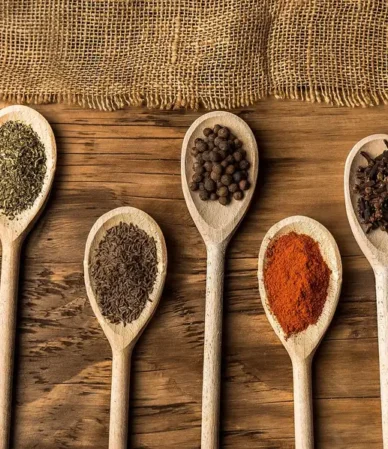 Wooden spoons of dried herbs, black pepper and paprika, the kind of spices in homemade pot roast seasoning