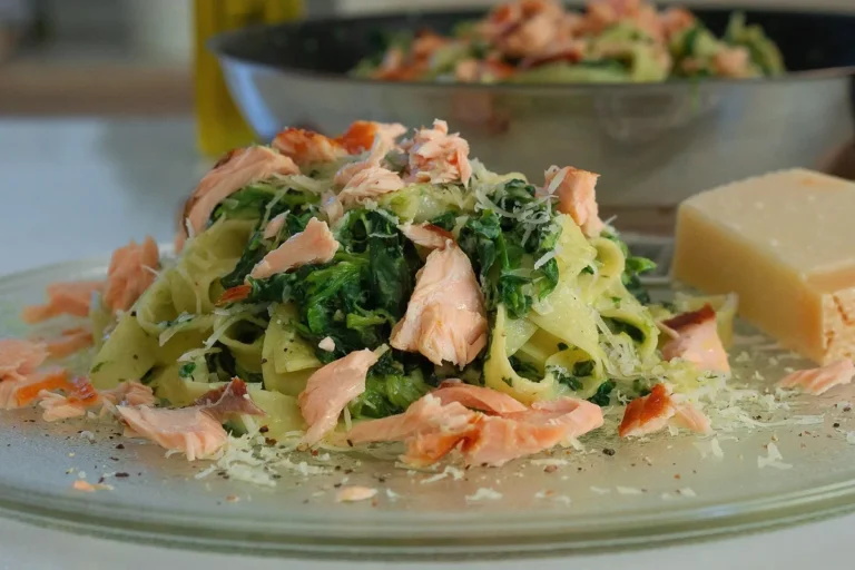Pasta with flaked salmon, spinach and Parmesan, the kind of quick dinner these canned salmon recipes make