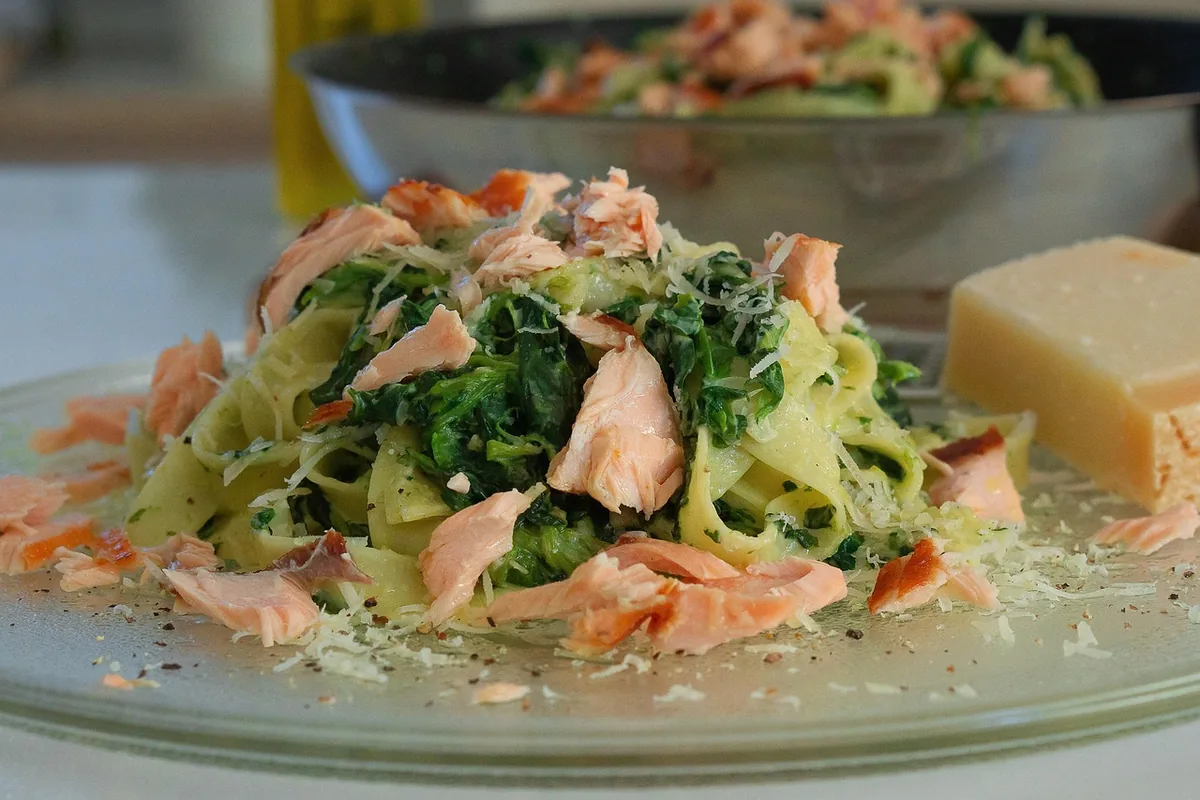 Pasta with flaked salmon, spinach and Parmesan, the kind of quick dinner these canned salmon recipes make