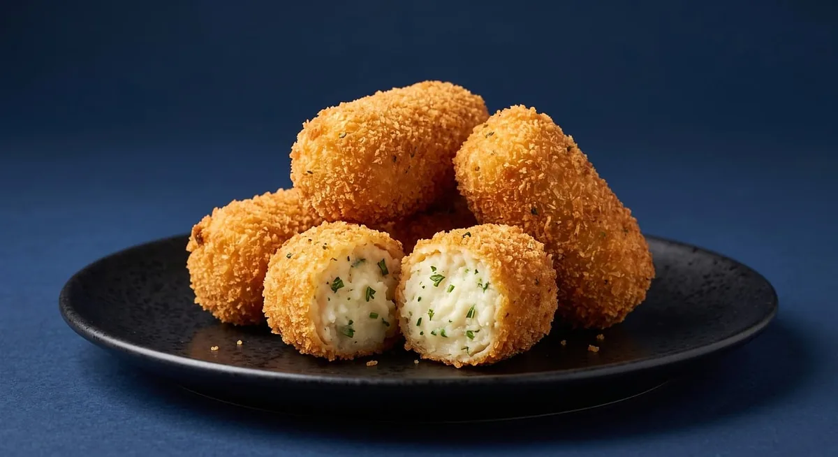 Golden breaded croquettes on a dark plate, one cut open