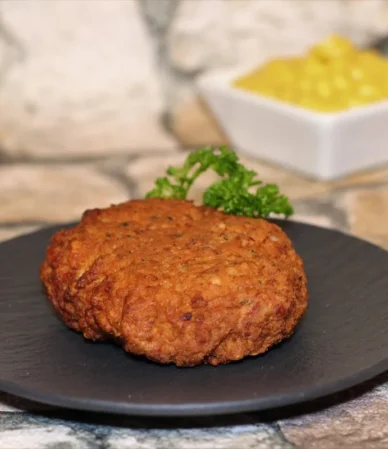 Golden pan-fried patty on a dark plate with a small bowl of mustard, the kind of crust to aim for with this salmon patty recipe