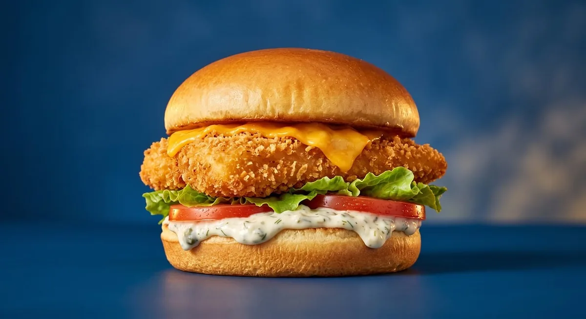 Crispy fish sandwich with tomato, lettuce and creamy sauce on a toasted bun