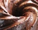 Close-up of a glossy chocolate-glazed Bundt cake, the finish for this chocolate pound cake recipe
