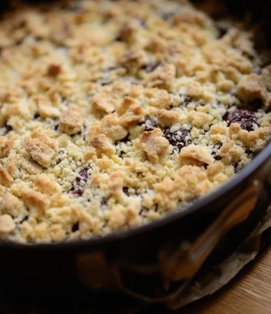 Cherry dump cake recipe idea: baked cherry dessert with a golden crumbly topping in a dark pan