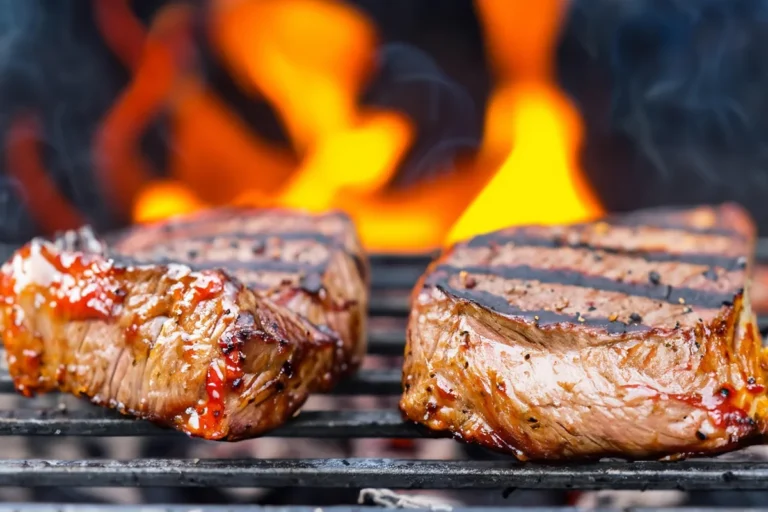 Two thick New York strip steak cuts searing on a grill grate with flames behind