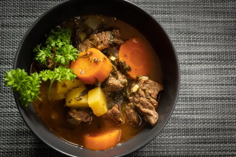 Crockpot beef stew with tender beef, carrots and potatoes in a dark bowl topped with parsley