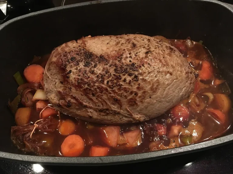Seared beef roast braising with carrots in a dark roasting pot, similar to this chuck roast in the oven