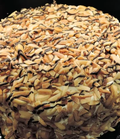 Tall round layer cake covered in toasted nuts with a chocolate drizzle, similar to this german chocolate cake recipe