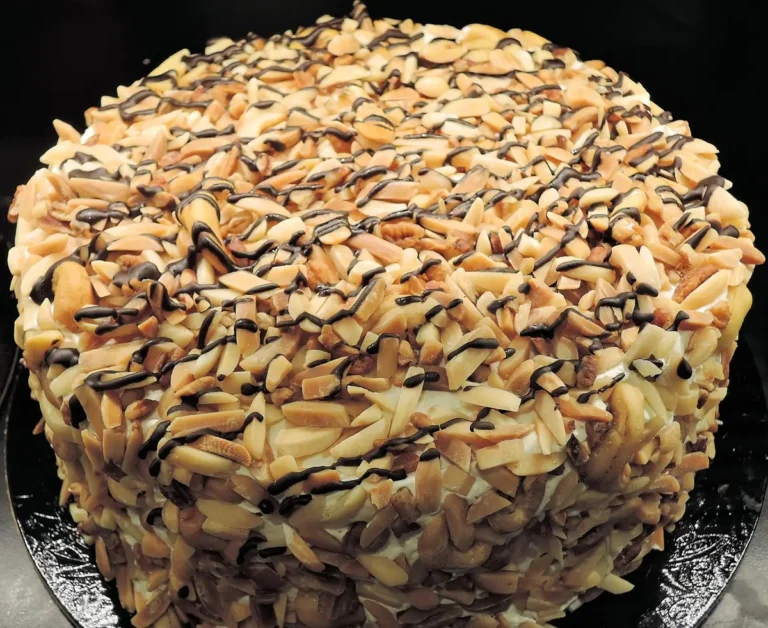 Tall round layer cake covered in toasted nuts with a chocolate drizzle, similar to this german chocolate cake recipe