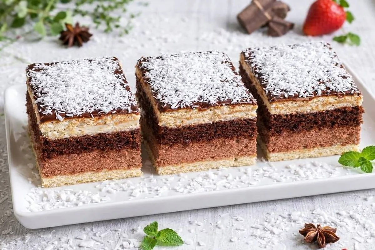 Squares of layered chocolate cake topped with coconut on a white platter