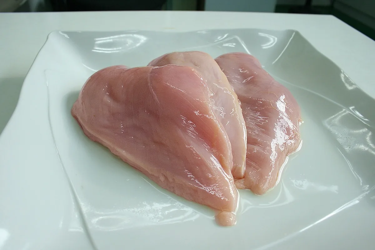 Raw boneless skinless chicken breasts on a white plate, ready to simmer using the how long to boil chicken breast chart