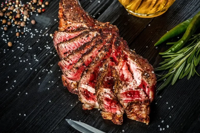 Sliced bone-in rib steak cooked medium-rare with peppercorns and rosemary, similar to this ribeye steak recipe