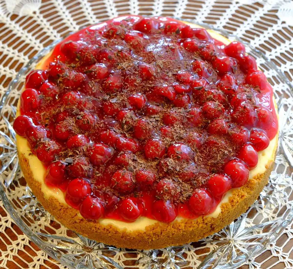 Baked cheesecake with a cookie crust topped with glossy cherries, similar to a cherry pie filling topping for mini cheesecakes
