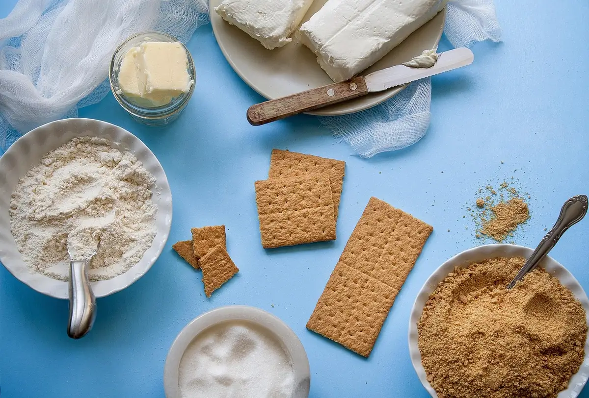 Cream cheese, butter, graham crackers, crumbs, sugar and flour laid out on a blue table, similar to mini cheesecake ingredients