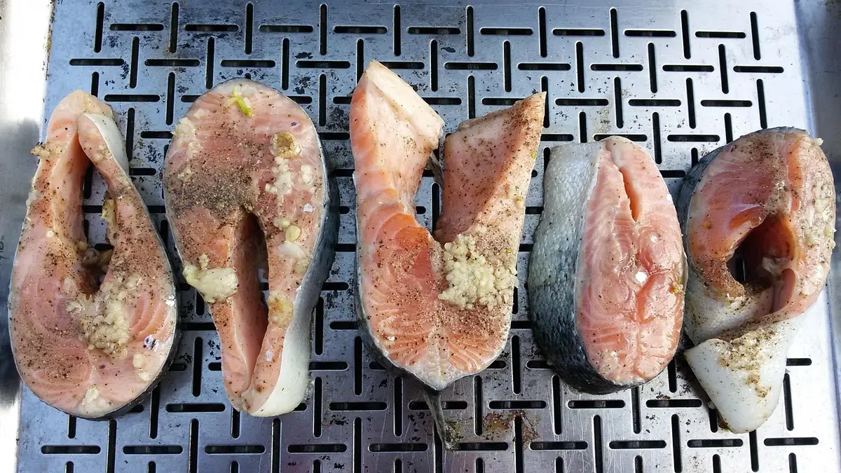 Raw salmon steaks seasoned with black pepper, garlic and spices on a grill tray, ready to cook