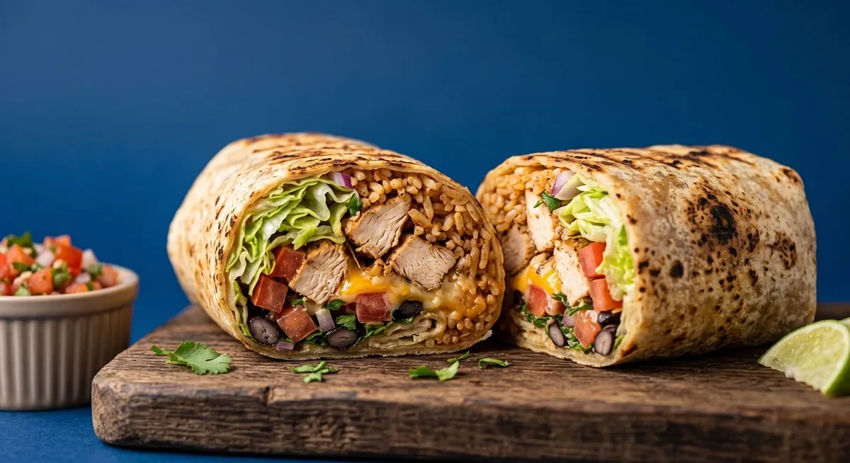 Chicken burrito cut in half to show rice, black beans and chopped chicken, with pico de gallo and lime