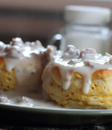 Split biscuits covered in thick creamy white gravy with meat, similar to creamed chipped beef served over biscuits