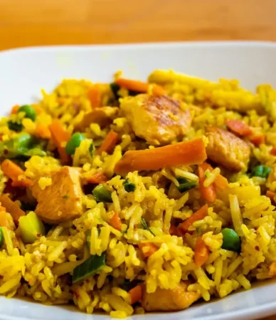 Chicken with rice, peas and carrots in a white bowl, similar to this crockpot chicken and rice