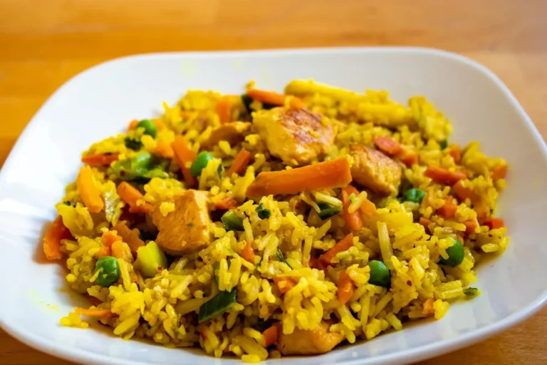 Chicken with rice, peas and carrots in a white bowl, similar to this crockpot chicken and rice
