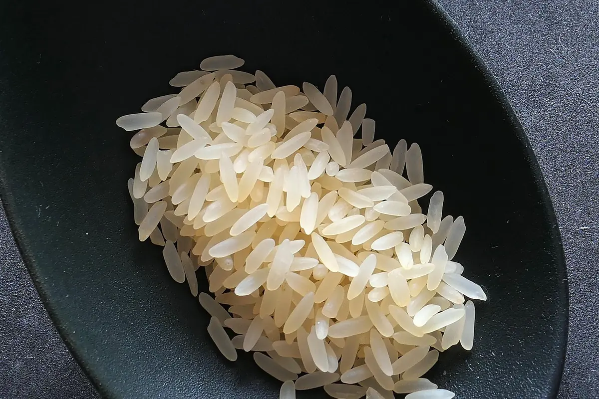 Uncooked long-grain rice on a dark plate, the kind of rice added in the last stage of slow cooker chicken and rice
