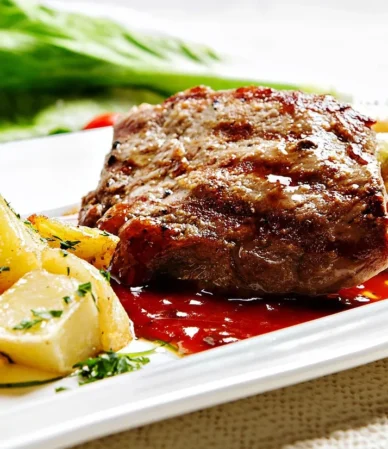 Grilled steak with golden roasted potatoes on a white plate, a steak and potatoes dinner