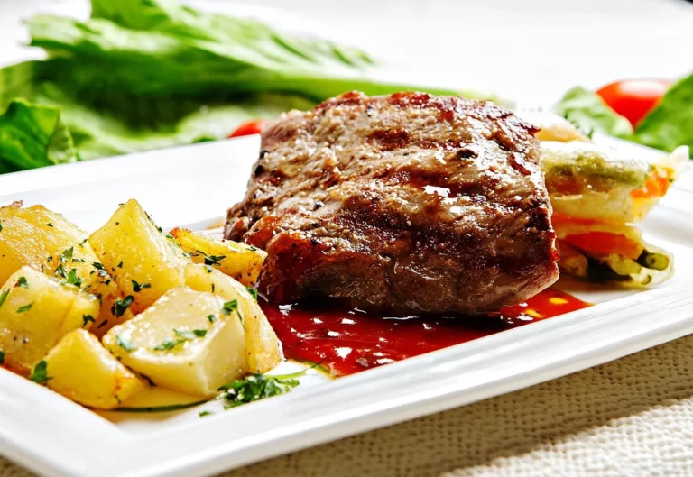 Grilled steak with golden roasted potatoes on a white plate, a steak and potatoes dinner