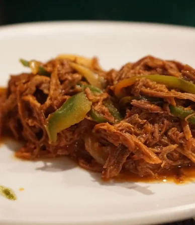 Plate of saucy shredded beef with strips of green pepper, a Latin-style pulled beef dish