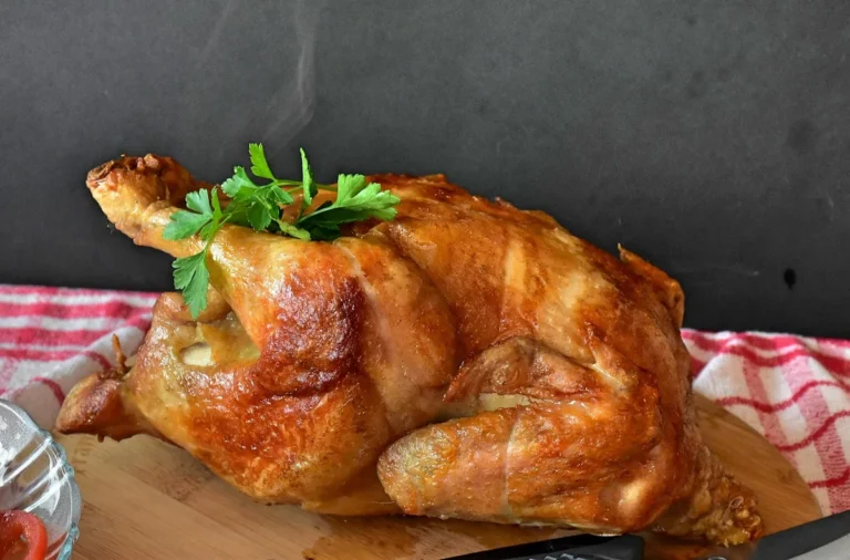 Golden roast chicken with parsley on a wooden board, juicy after a chicken brine