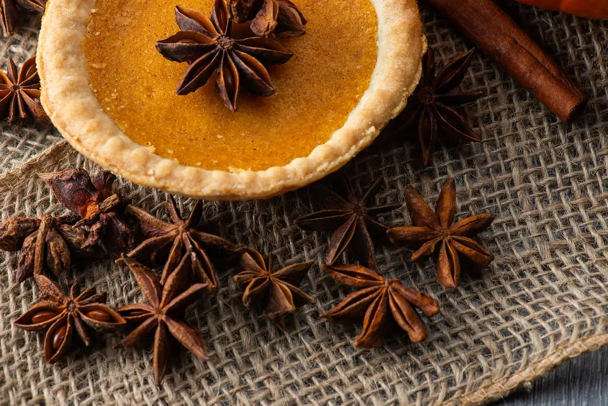 Pumpkin pie surrounded by star anise and cinnamon sticks, the warm spices used in pumpkin desserts
